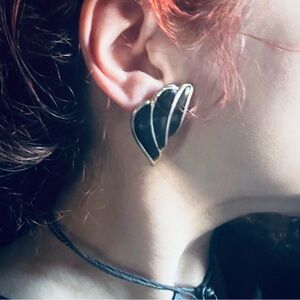 SOLD Vintage 1980s Black Enamel + Silver Half Wing Stud Statement Earrings